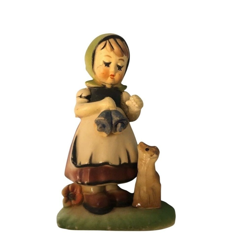 Vintage Hummel-Style Figurine Girl with Bells‎ and Lamb Multicolor